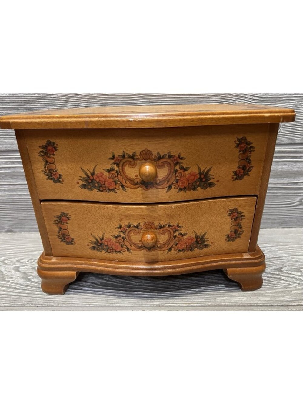 Vintage 1980s WoodenJewelry Box with Mirror Floral Design Felt Lined READ